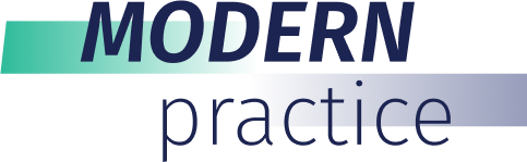 Logo design featuring the words 'MODERN practice' in a stylized font with a color gradient effect.
