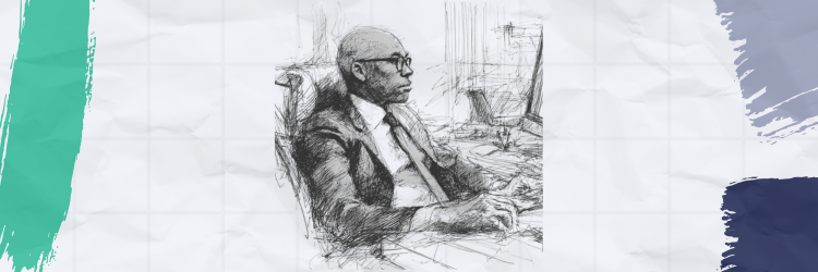 Hand-drawn sketch of a professional at a desk, framed by abstract brush strokes, representing executive efficiency and legal services ROI.