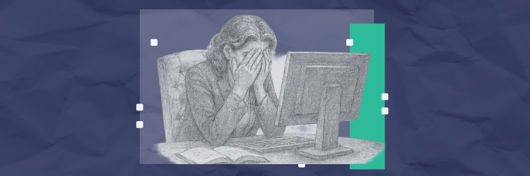 Attorney sitting at a desk with her head in her hands while reviewing documents on a computer, representing common estate planning drafting errors and frustration.