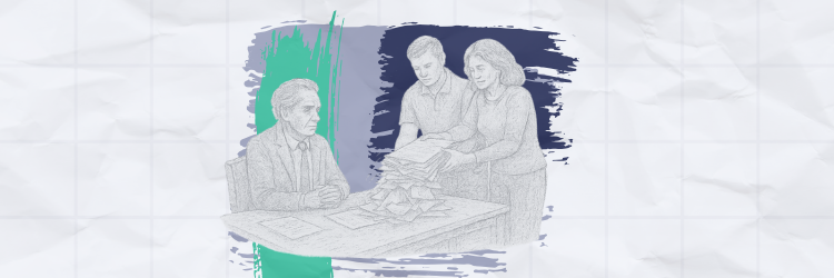 Pencil-style illustration of an estate planning attorney receiving a large stack of disorganized paperwork from two clients, highlighting the overwhelm of manual intake.