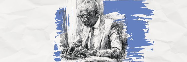 Attorney typing at a desk — pencil sketch illustration for a guide on law firm website copy that converts
